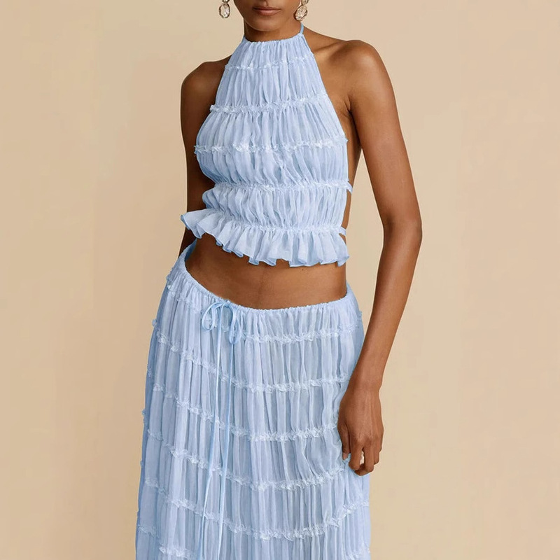 2025 New Summer Cross-border European and American Amazon Women's Sleeveless Backless Neck Sexy Multicolor Large Skirt suit Set 2025 New Summer Cross-border European and American Amazon Women's Sleeveless Backless Neck Sexy Multicolor Large Skirt suit Set