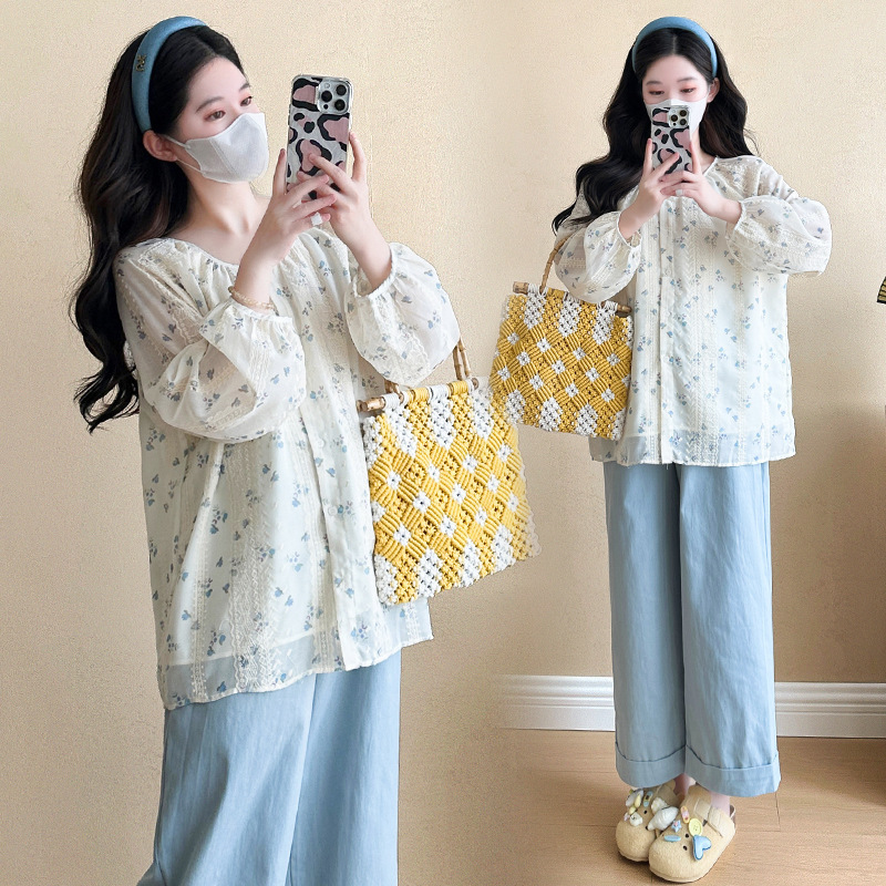 Pregnancy Outfits: Spring New Arrivals, Small Floral Loose Shirt + Non-Belly-Supporting Straight-Leg Pants, Trendy Mom Outerwear Maternity Set