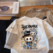 儿童秋季爆款洋气时髦条纹假两件卡通布布长袖T恤男童酷帅百搭棉t