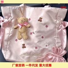 【48小时】日系兔熊刺绣新款蝴蝶结手提包新款少女风单肩包托代发