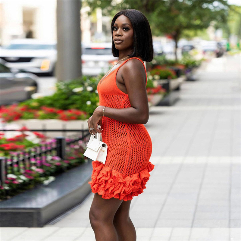 2024 Abito da donna nuovo sexy con bordo auricolare in legno cavo, lavorato a maglia, con fascia avvolgente_voghion.com