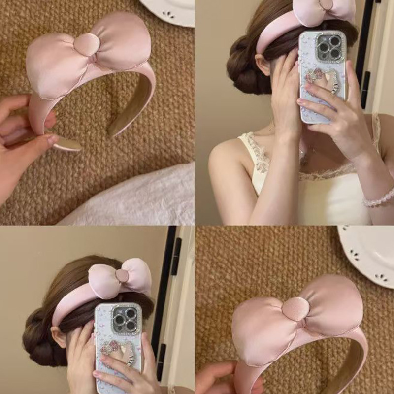 韩系粉色缎面饱满蝴蝶结宽边发箍女高级感头箍发卡日常外戴发饰|undefined