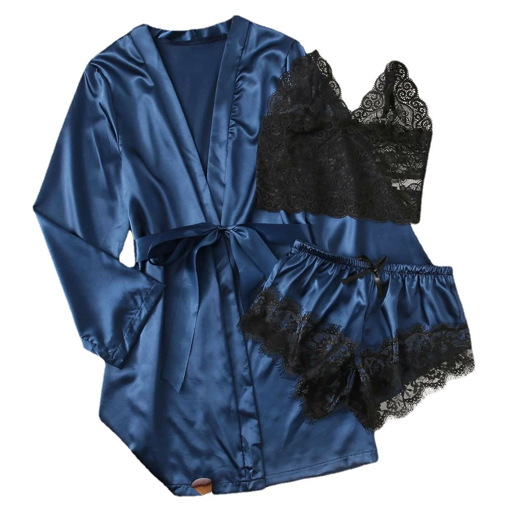 3-Piece Silk-Look Satin Pajama Set, Tube Top + Robe + Shorts, European Style, Lift Effect