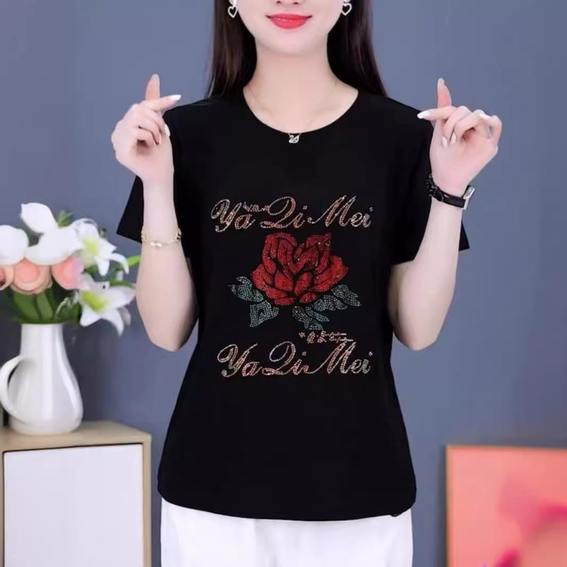 Ice Silk Ribbed Round Neck T-Shirt for Women, Duohanxin Summer Fashion New Age-Reducing Middle-Aged and Elderly Mom Short-Sleeve Hot Item