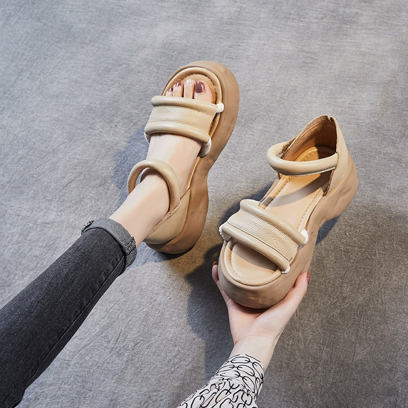 Leather sandals, genuine beach footwear platform, high slide, slippers, cowhide