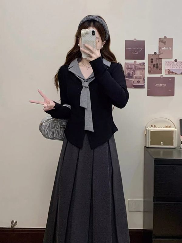 韩系chic假两件长袖T恤套装女秋季高腰显瘦百褶裙设计感拼接上衣|undefined