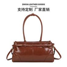 欧美复古大容量波士顿法棍包头层油蜡皮女包潮流单肩斜挎包现货