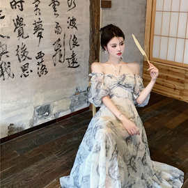 水云霜花2023春夏新款设计感度假法式水墨印花收腰荷叶边连衣裙女