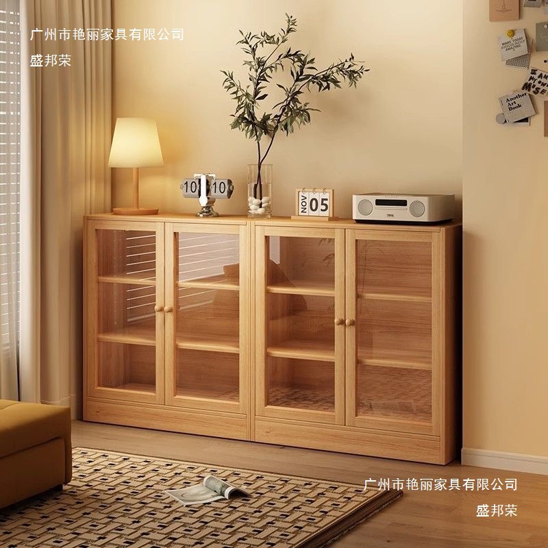 Manufacturer Solid Wood Bookcase Storage Cabinet Integrated Wall-Mounted Dust-Proof Storage Cabinet with Door for Home Bedroom Bedside Nordic Style