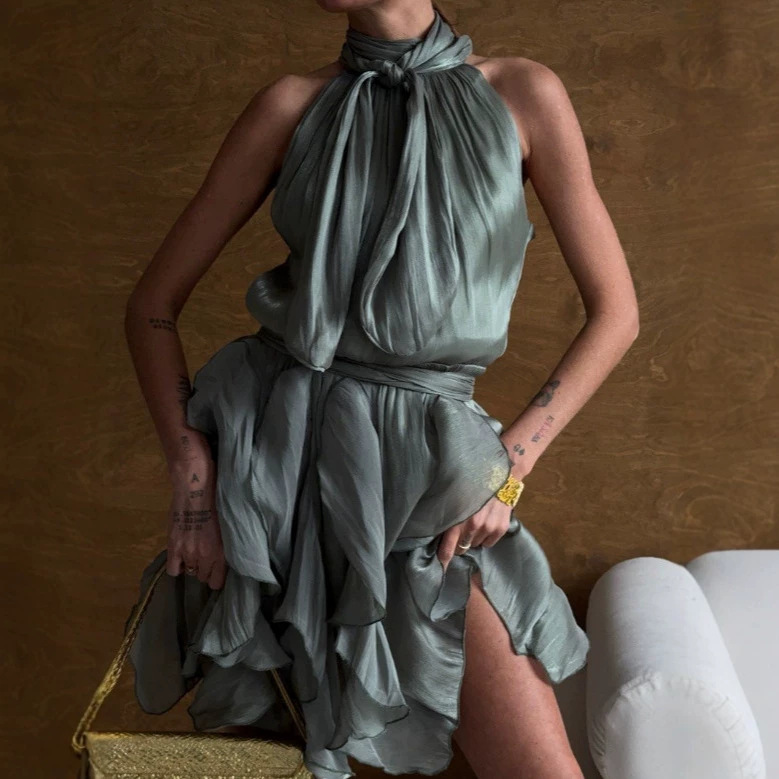 26 New French-Style Summer Women's Fashion Halter Neck Waist-Cinching Ruffle Tie Light Luxury Sleeveless Dress in Stock 26 New French-Style Summer Women's Fashion Halter Neck Waist-Cinching Ruffle Tie Light Luxury Sleeveless Dress in Stock