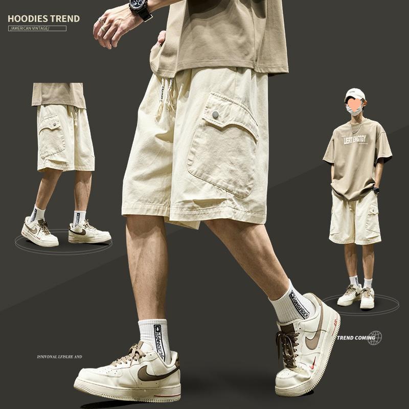 Men's Summer New Japanese Style Trendy Brand Multi-Pocket Cargo Shorts, Thin Loose Trendy Straight Mid-Length Shorts