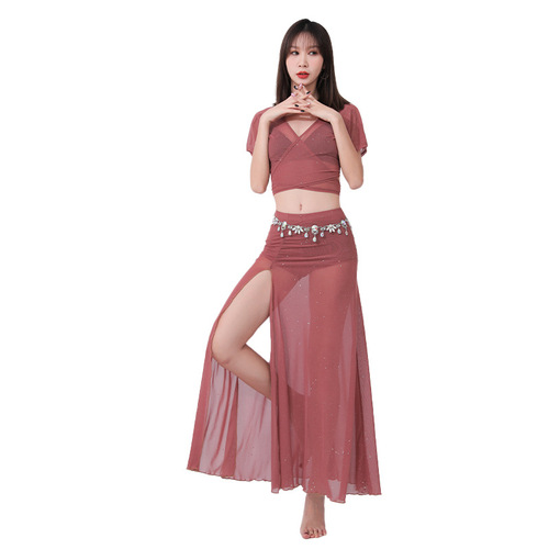  Summer Multi-Wear Belly Dance Costumes Mesh Belly Dance Costumes with Glitter and Soft Bean Paste Pink Straps and Cross Neck Dance Costumes
