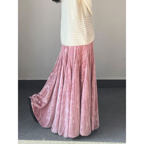 Velvet skirt, fishtail skirt, long spring, autumn, winter, national style skirt, large skirt, printed retro women, pink long dress, children