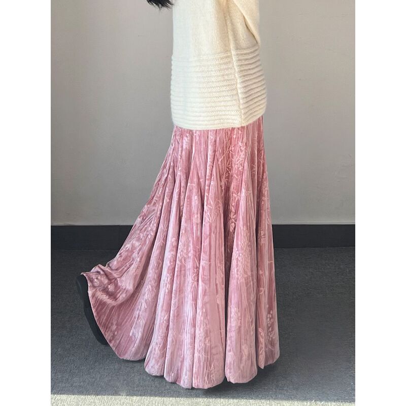 Velvet Skirt Fishtail Skirt Long Spring Autumn Winter Chinese Style Skirt Large Skirt Printed Retro Women's Pink Long Skirt Women Velvet Skirt Fishtail Skirt Long Spring Autumn Winter Chinese Style Skirt Large Skirt Printed Retro Women's Pink Long Skirt Women