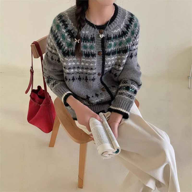 复古费尔岛毛衣外套女装秋冬新款宽松慵懒风软糯提花针织开衫上衣|undefined
