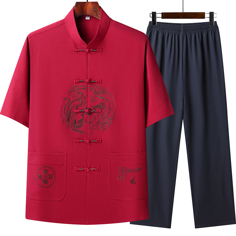 Summer Middle-aged and Elderly Short-sleeved Tang Suit Men's Ice Silk Summer suit Dad Chinese Men's Clothes Tai Chi suit