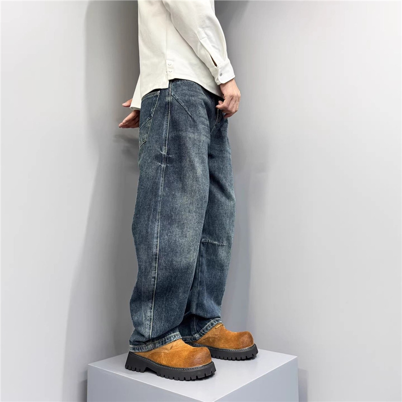 Men's Retro Patchwork Jeans Spring Autumn New American Style Versatile Cool Washed Gradient Straight Leg Curved Fit Denim_mkmklike.com