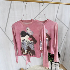 Yu Shuxinと同じスタイルの25夏の新しいかわいいスマッジプリント犬長袖Tシャツレディース甘辛ボトムシャツトップ