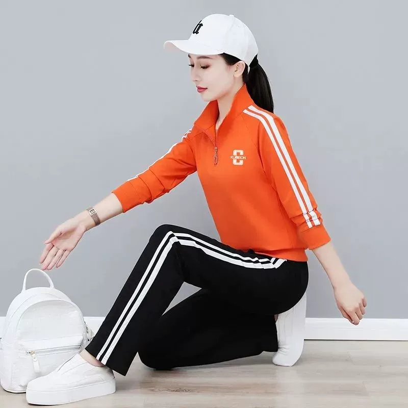 Модный свитник воротник с длинным рукавом набор из двух частей весна и осень новый свободный большой размер повседневная спортивная одежда костюм женский