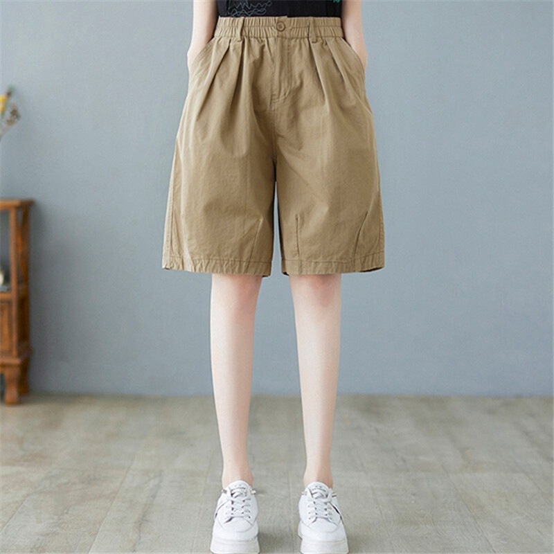2026 Summer Simple Retro Twill Cotton Casual Pants Women's Elastic Waist Wide-Leg Pants Versatile Five-Point Shorts