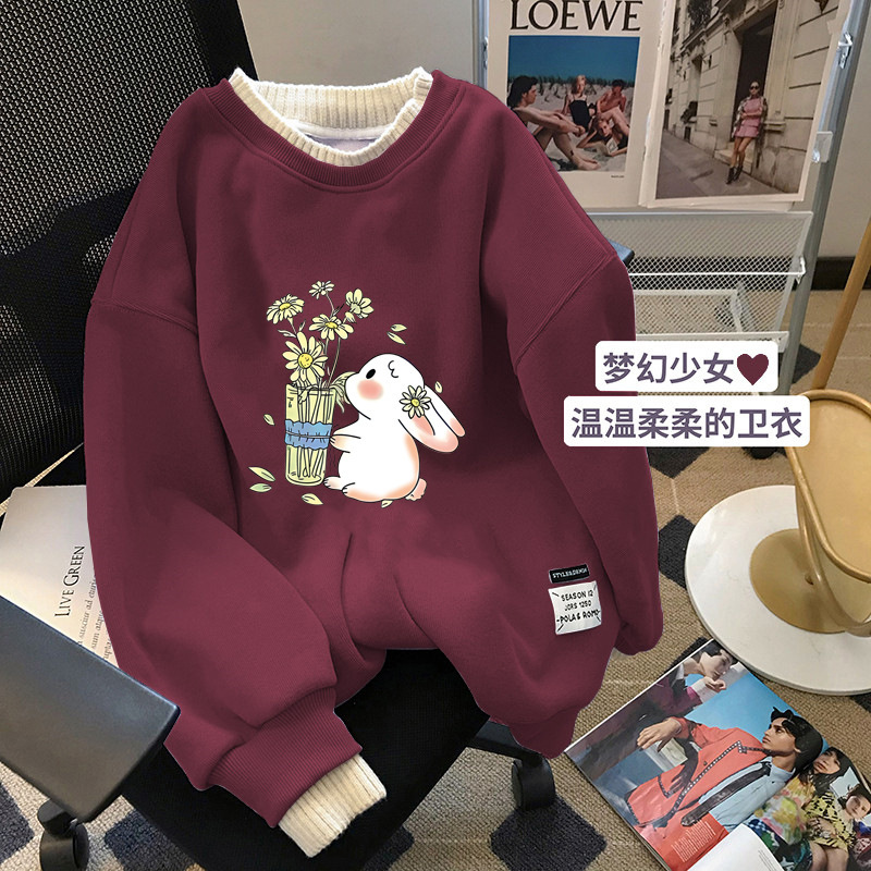 商品详情图_加绒加厚卫衣女秋冬新款圆领假两件长袖气质上衣日韩