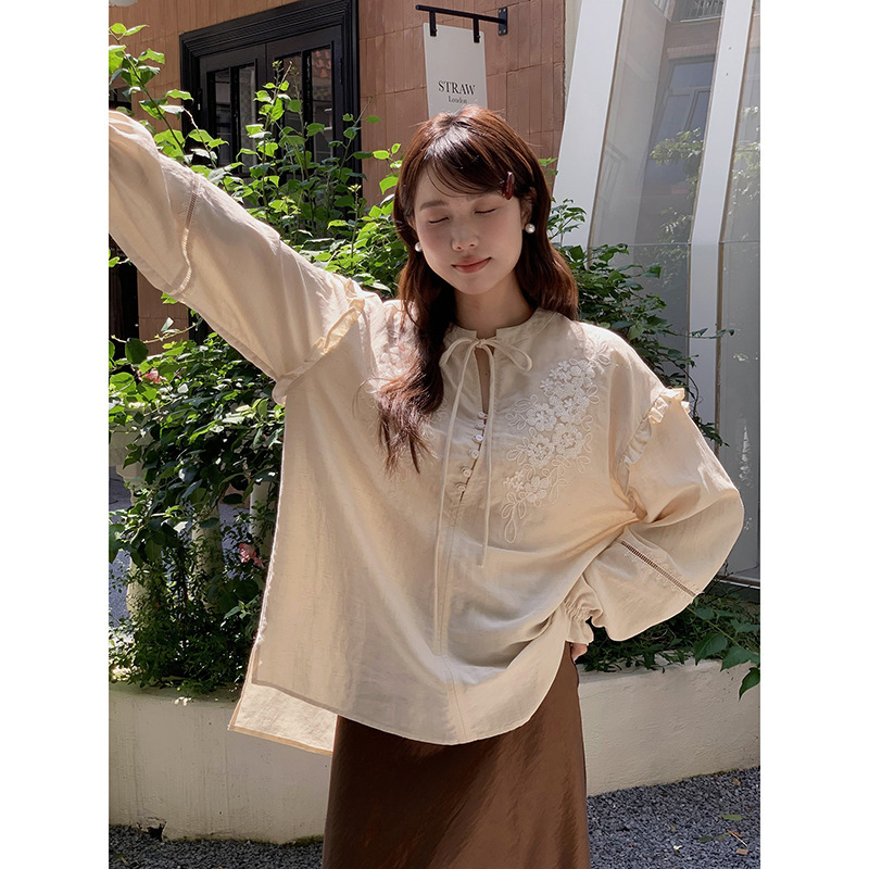 【巨重工 落日灯塔】法式复古刺绣衬衫女秋季新款长袖上衣T1971F|undefined