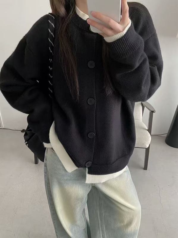 灰色假两件针织开衫女秋冬韩系慵懒风软糯毛衣外套设计感气质上衣|undefined