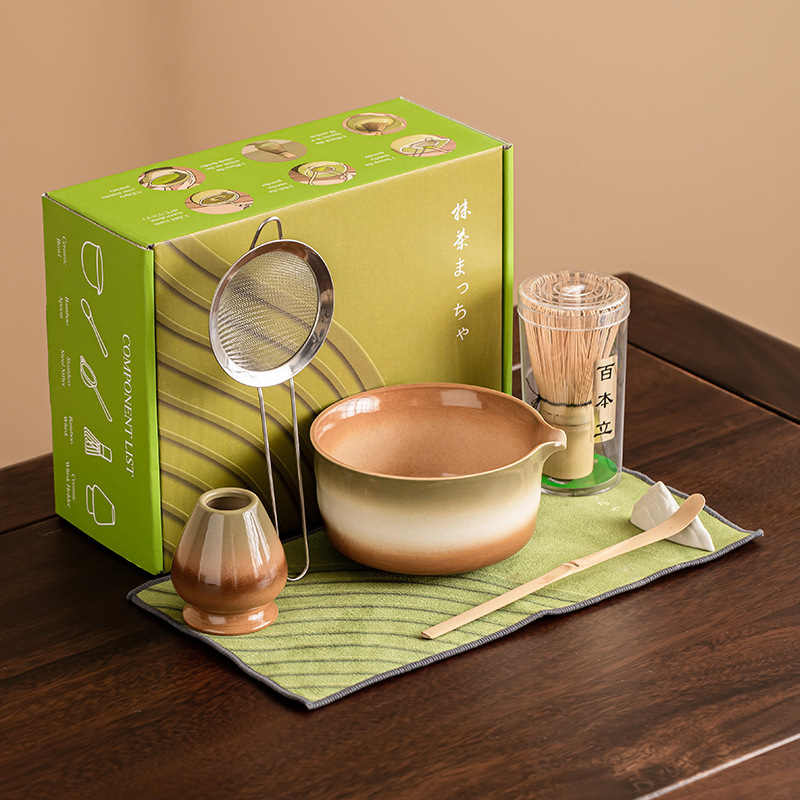 抹茶搅拌器套装陶瓷抹茶套装百本立茶筅竹勺抹茶碗茶巾架子七件套|undefined
