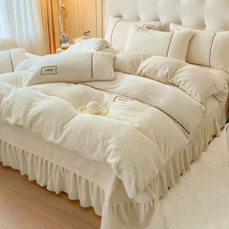 法式公主风牛奶绒白色床上四件套冬季加绒床盖被套床单法兰绒床品