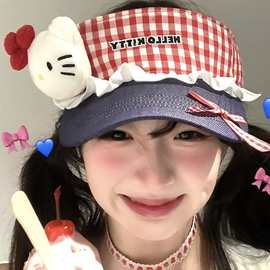 日系可爱kitty猫空顶帽女夏户外出游显脸小防晒遮阳帽卡通太阳帽