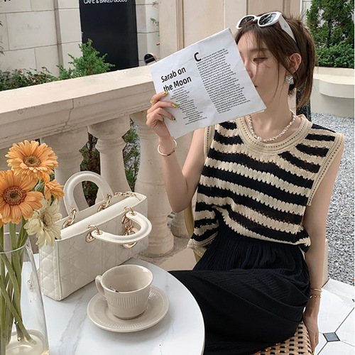 Korean style striped knitted camisole summer retro hot girl loose slimming outer wear inner bottoming top for women