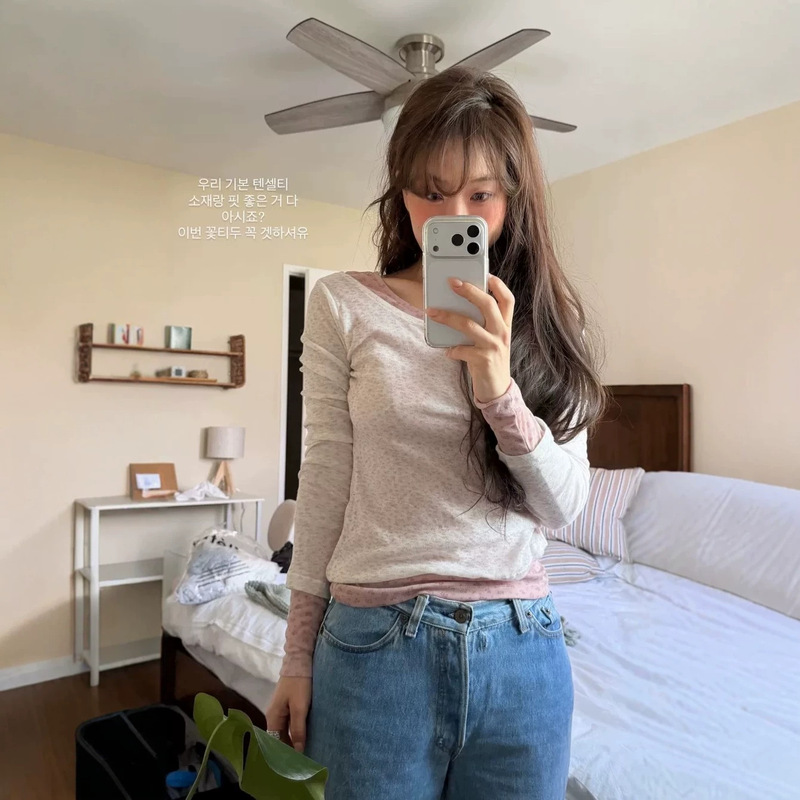 Qc Does Not Offer Returns or Exchanges 2026 Summer New Korean Dongdaemun Fl*Tta Sweet Slim-Fit Round-Neck Floral Long-Sleeve T-Shirt Top