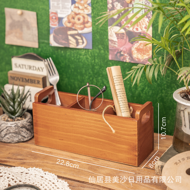 木质分格化妆刷收纳盒书桌铅笔蜡笔整理办公桌面文具可手提置物架|undefined