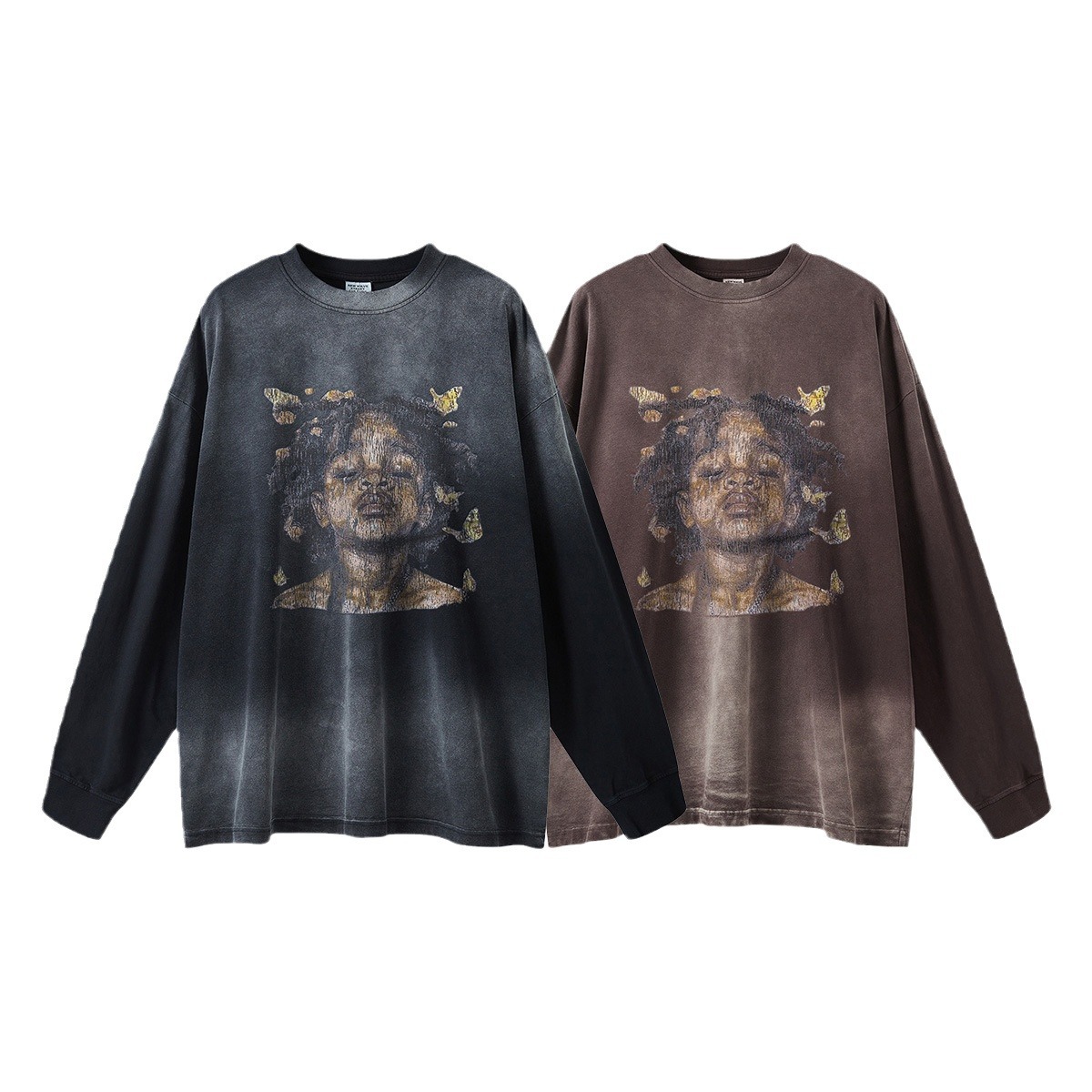 2025 otoño marca de moda americana suelta retro hacer vieja moda cool niños callejeros impresión lavado camiseta de manga larga moda masculina