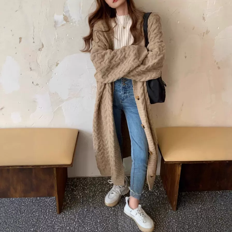 亚马逊爆款 跨境长款宽松外穿 洋气百搭外套 针织开衫保暖毛衣女