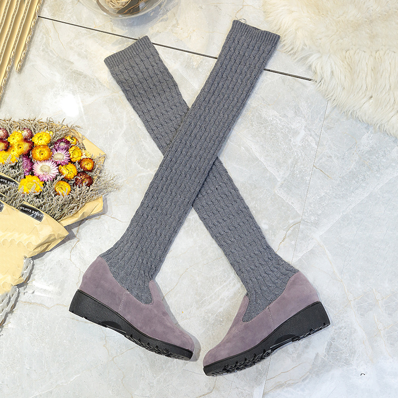 New women's boots knitted wool high flat over the knee elastic boots_voghion.com