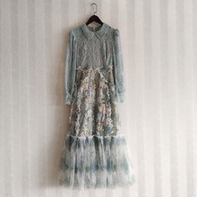 荷叶边长袖网纱印花亮片收腰蓬蓬裙公主风大摆连衣裙2025春季新款