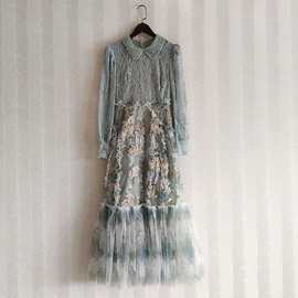 荷叶边长袖网纱印花亮片收腰蓬蓬裙公主风大摆连衣裙2025春季新款