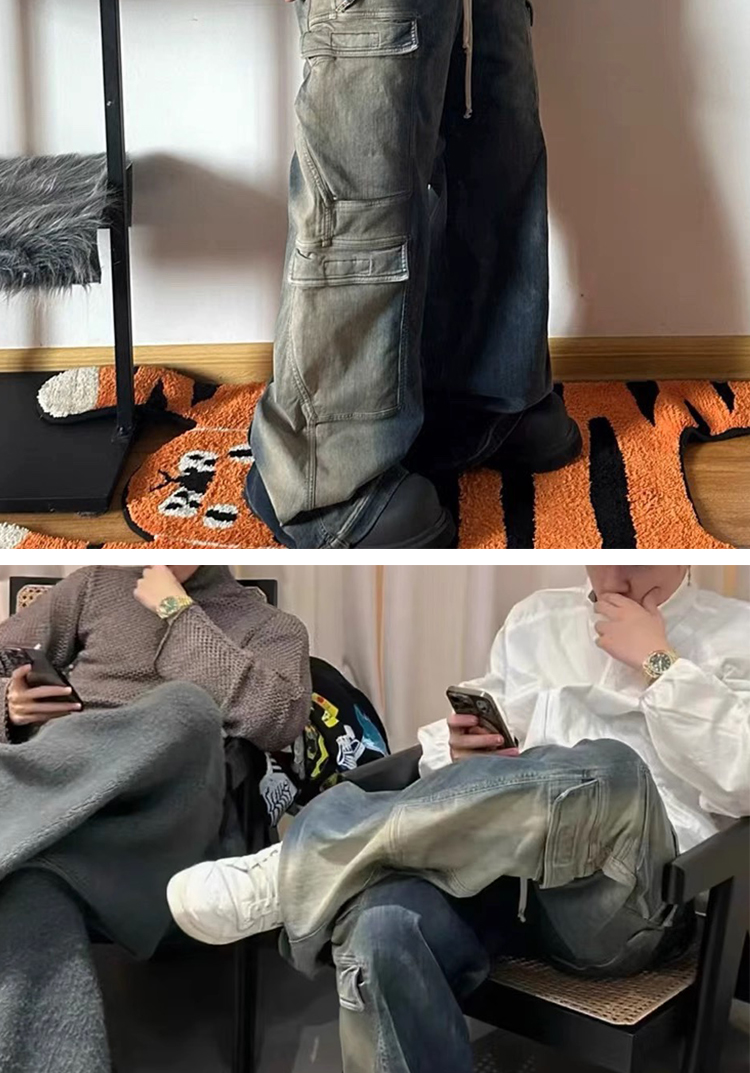 Men's Clothing VINTAGE GARC niche trendy brand RO style wide leg multi pocket flared distressed jeans men's vibe cotton_voghion.com