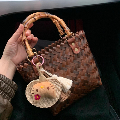 Bag Lady 2024 New Wicker Top Handle Bag Bamboo Node Grass Weaving Handmade Bamboo Tote Bag Retro Beach Bag