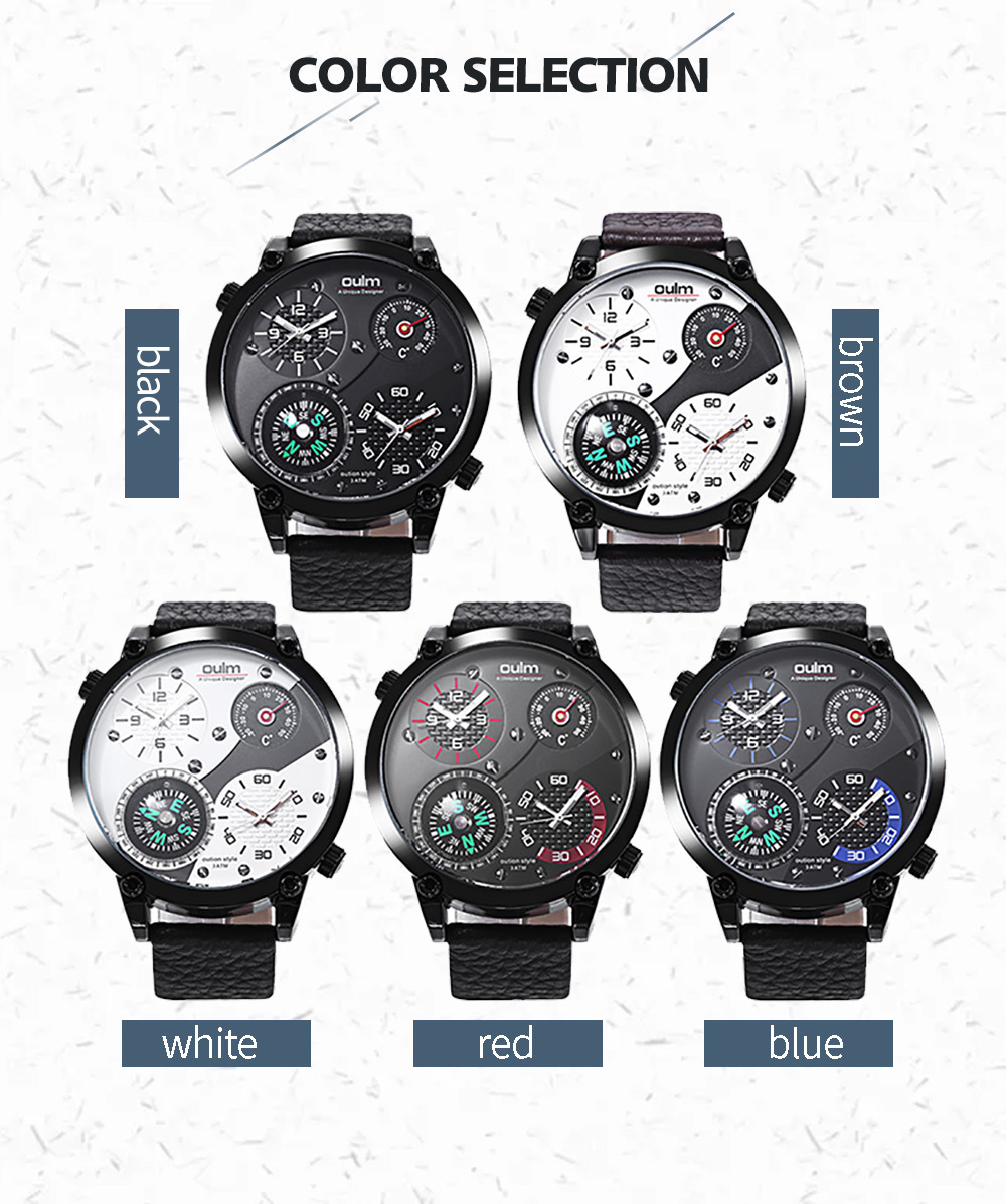 Men's Large Dual-time Watch With Genuine Leather And Compass_voghion.com