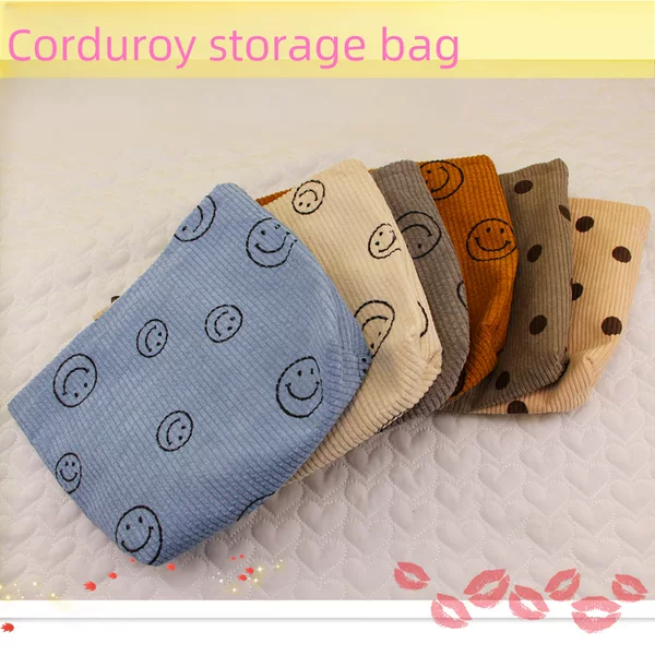 New Cross-Border Corduroy Cosmetic Bag for Women, Large Smiley Face Polka Dot Clutch Bag, Travel Portable Toiletry Storage Bag