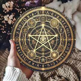 复古巫术五角星铝标志：神秘的金色和黑色符号挂墙-幻想艺术的花