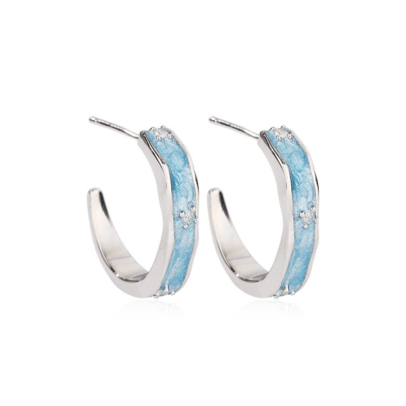 Océano azul pendientes de las mujeres de plata esterlina 925 Luz de lujo nicho diseño pendientes en forma de C elegante diamante incrustado pendientes de alto grado