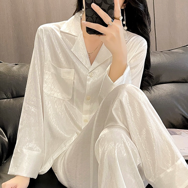 New Spring Thin Ice Silk Pajamas for Women Summer High-End Long-Sleeved Jacquard Cardigan Women's Home Wear Set Wholesale