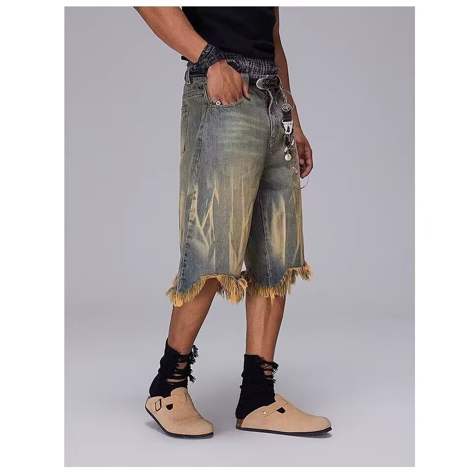 Men's And Women's Trendy Brand Dyed Yellow Mud Washed Distressed Denim Shorts Loose Five Point Style_mkmklike.com