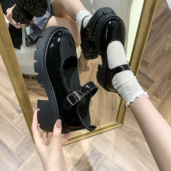 Small leather shoes women's 2022 spring new British academy style bright leather high heel single-layer shoes round toe thick bottom Mary Jane shoes women