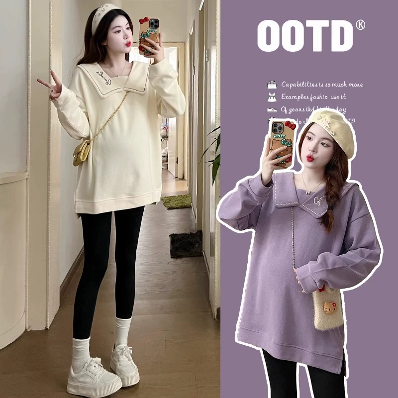 2024 Одежда для беременных Осенняя мода топ с вышивкой