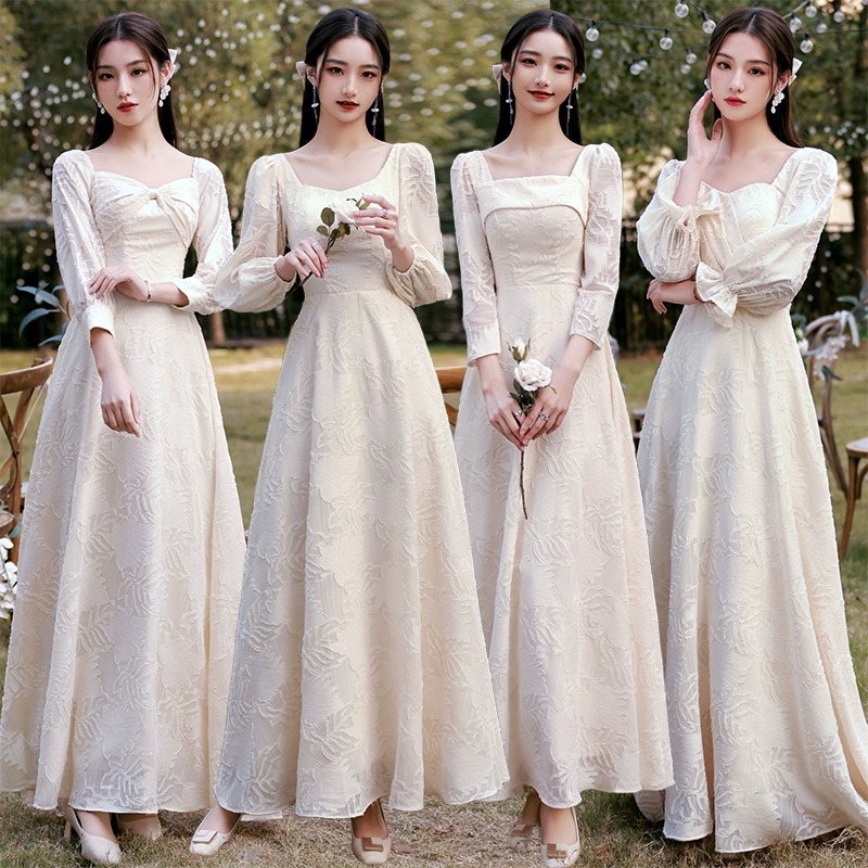 Bridesmaid Dress 2025 New Autumn and Winter Long-Sleeved Champagne-Colored Sister Group Dress Women Can Wear Casually High-End Niche