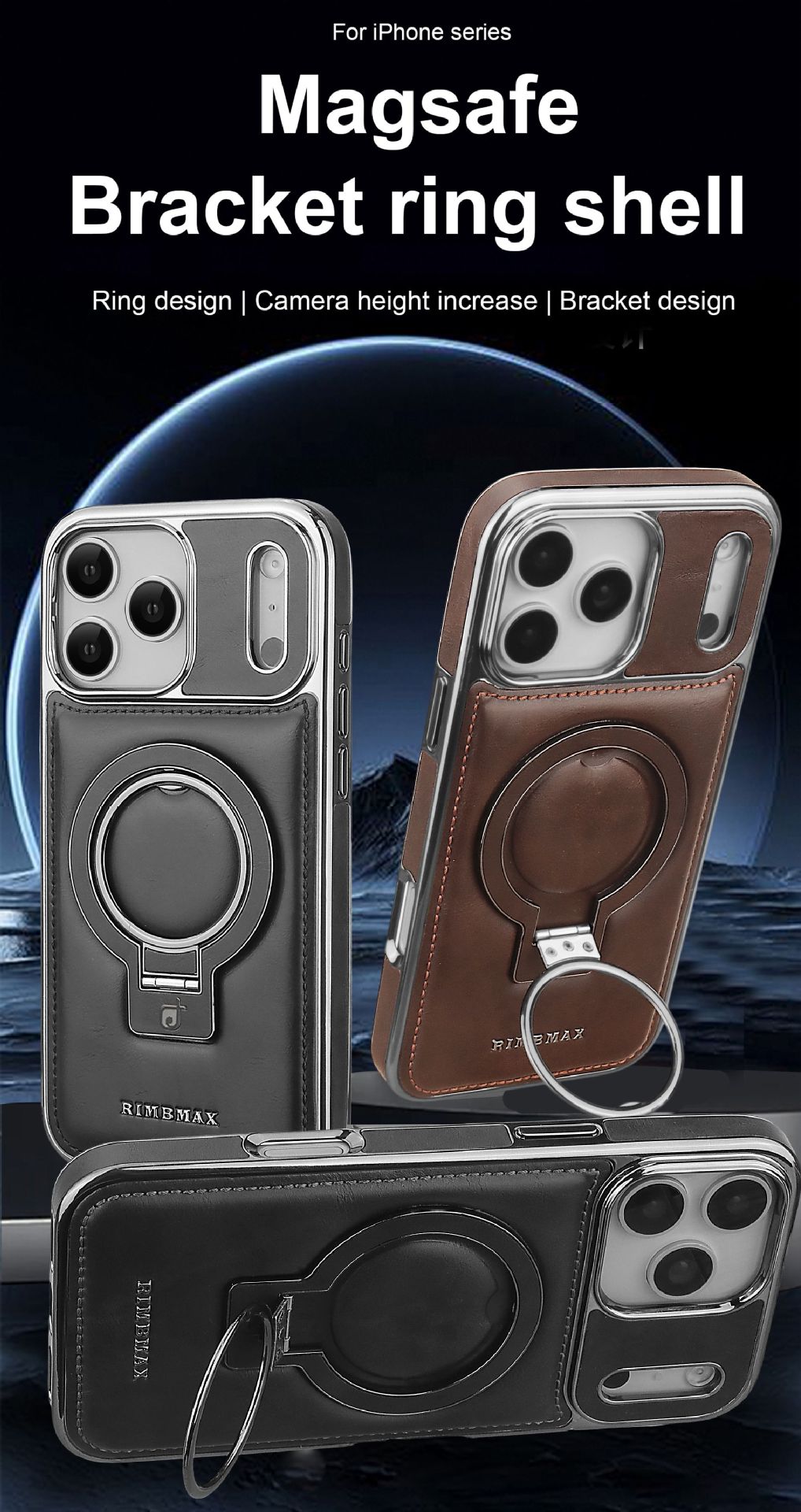 Ốp lưng iPhone 16/17 Pro Max/Pro/Plus da từ tính tích hợp giá đỡ chống rơi kèm vòng đeo tay — màu đen, màu xanh đậm, nâu nhạt, màu tím đậm chi tiết 6